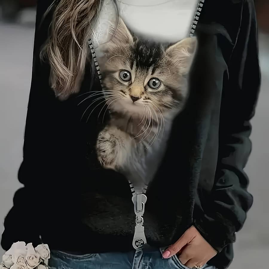 Cat Print Pullover Sweatshirt, Casual Long Sleeve Crew Neck Sweatshirt, Women’s Clothing Clothing Shop Online at Dubai Trades 2