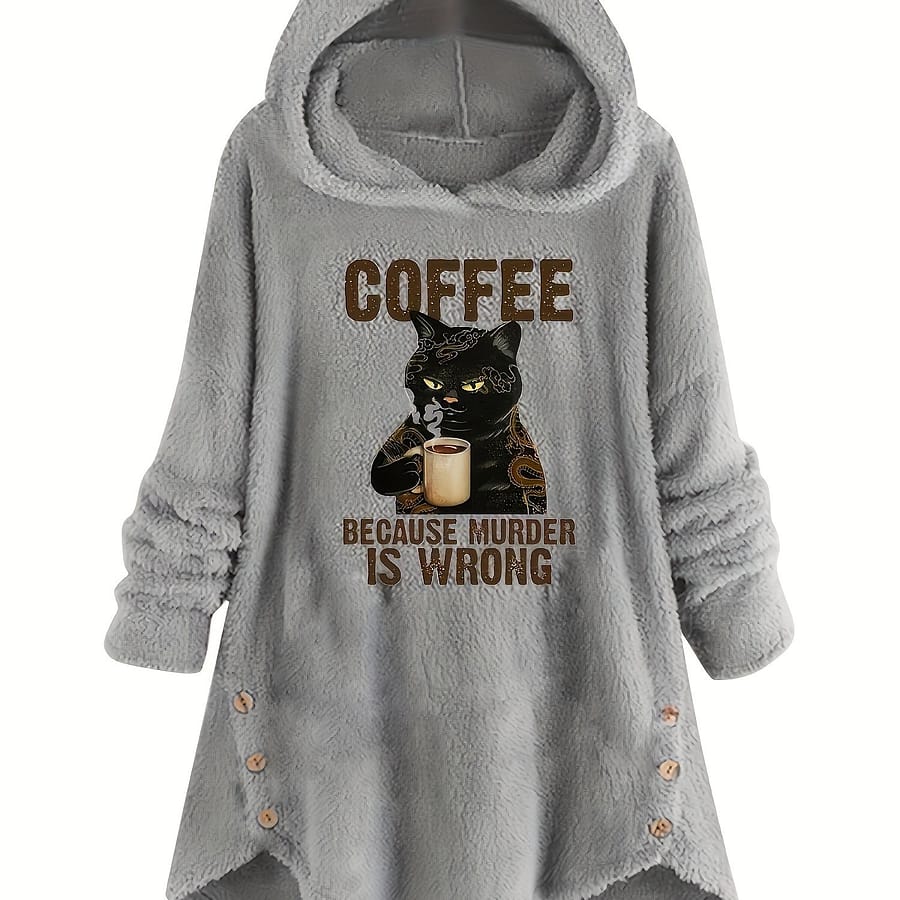 Cat & Slogan Print Teddy Hoodie, Casual Long Sleeve Button Hoodie Sweatshirt, Women’s Clothing Clothing Shop Online at Dubai Trades 2