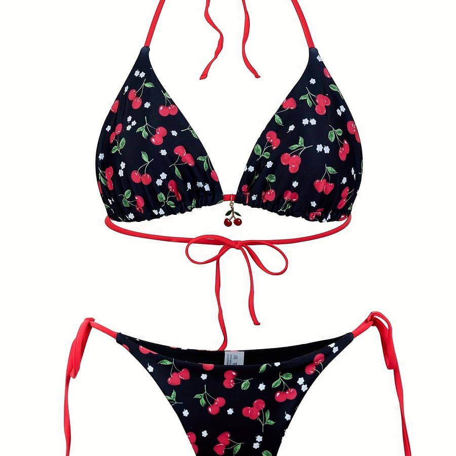 Cherry Print Bikini Set, 2 Piece Swimsuit, Halter Neck, Bottoms, Summer Beachwear, Women’ Swimwear, Quick Dry, Bikinis Shop Online at Dubai Trades 2