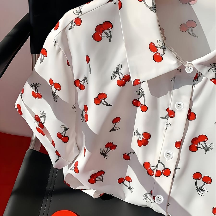 Cherry Print Button Front Blouse, Cute Short Sleeve Crop Top For , Women’s Clothing Blouses Shop Online at Dubai Trades 2