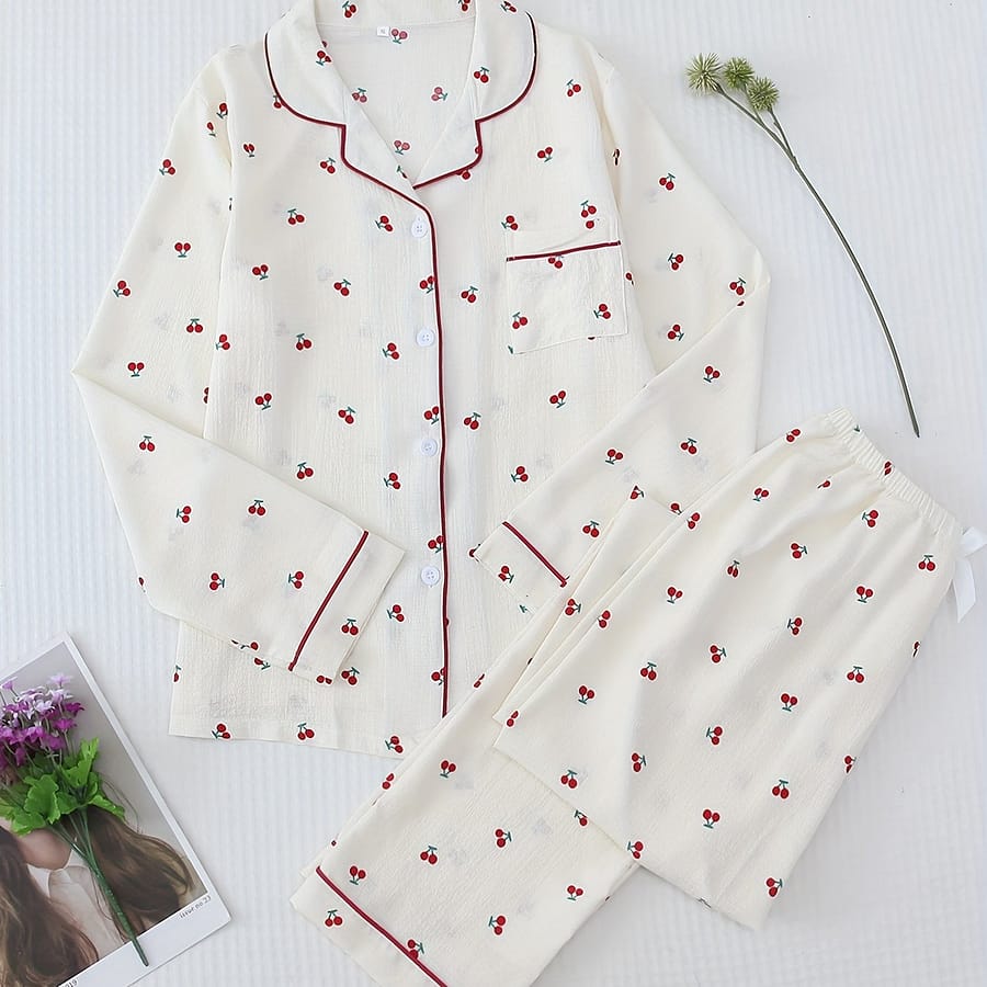 Cherry Print Pajama Set, Long Sleeve Buttons Top & Waistband Pants, Women’s Sleepwear & Loungewear Clothing Shop Online at Dubai Trades 2