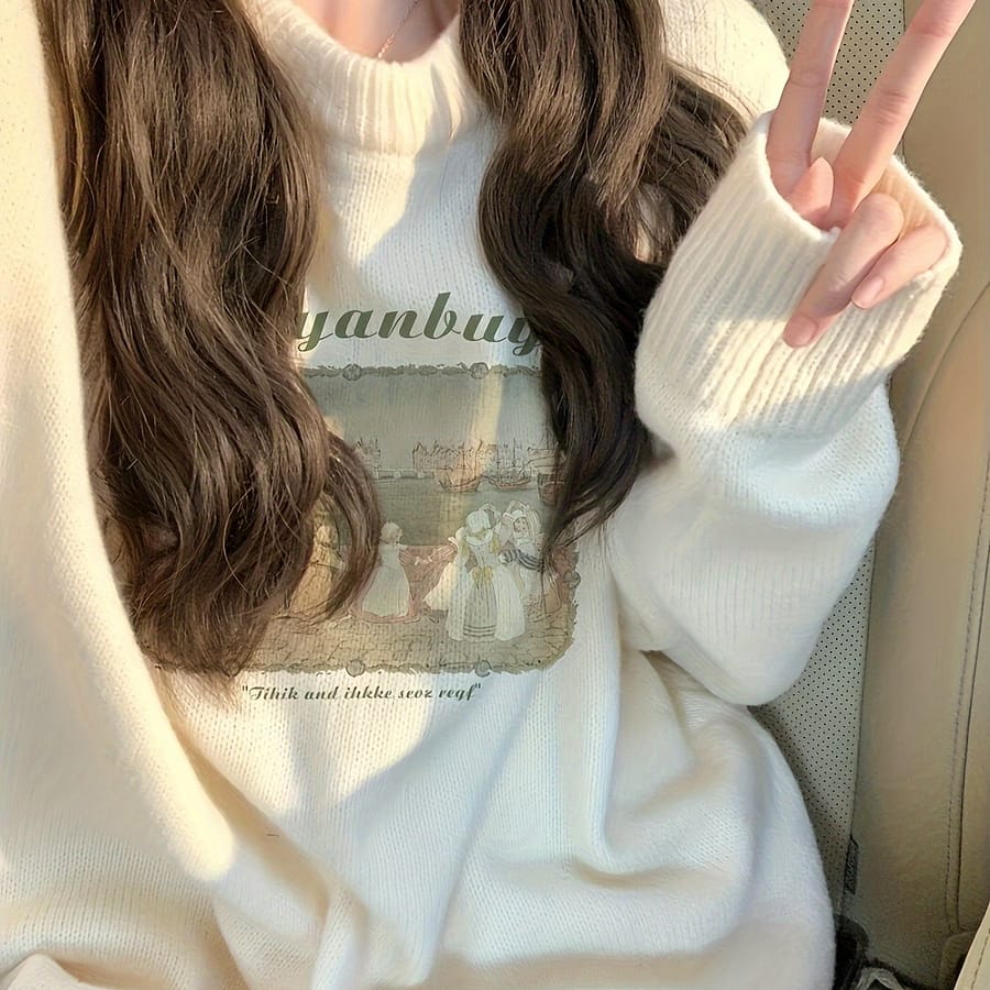 Chic Cartoon Print Knit Sweater For Women – Cute Long Sleeve, Round Neck Pullover For Spring/fall, Casual, Winter, , Spring/autumn Clothing Shop Online at Dubai Trades 2