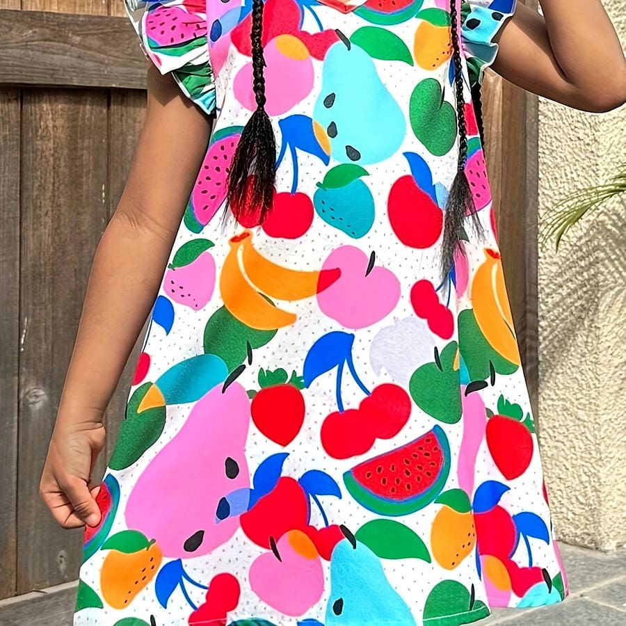 Chic Fruit Print V-neck Dress For Girls With Ruffle Sleeves – Casual, Machine Washable Polyester – Spring/summer/fall Casual Shop Online at Dubai Trades 2