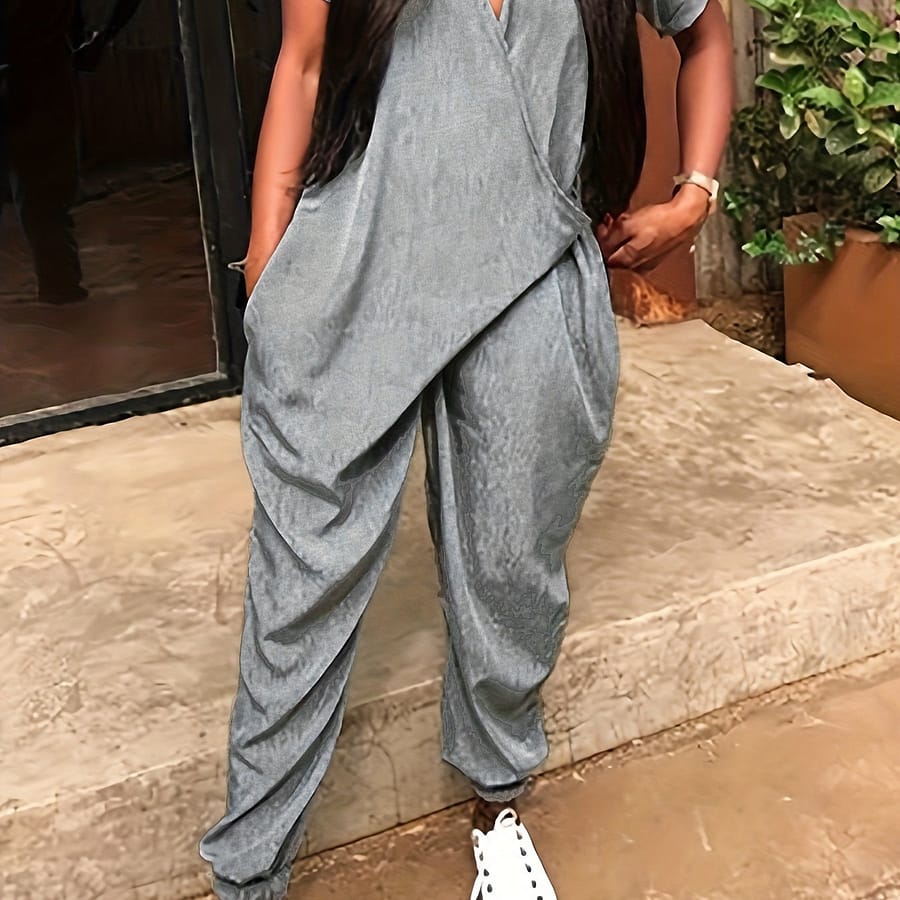 Chic Harem Style Loose-fit Jumpsuit For Women – Casual Short Sleeve, Asymmetrical Hem, , Polyester & Spandex , Machine Washable, Ideal For Spring/summer/fall Clothing Shop Online at Dubai Trades 2