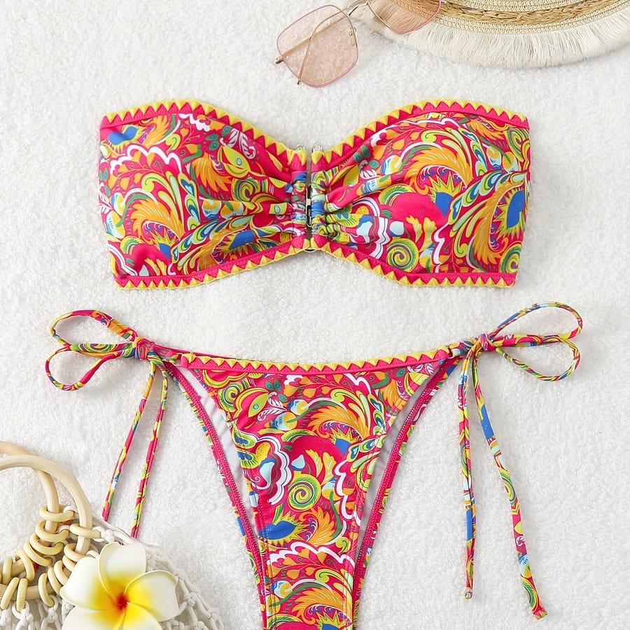Chic High-waist Bandeau Bikini Set With Tie-side Bottoms – Stretchy, Machine Washable Polyester , Random Bikinis Shop Online at Dubai Trades 2