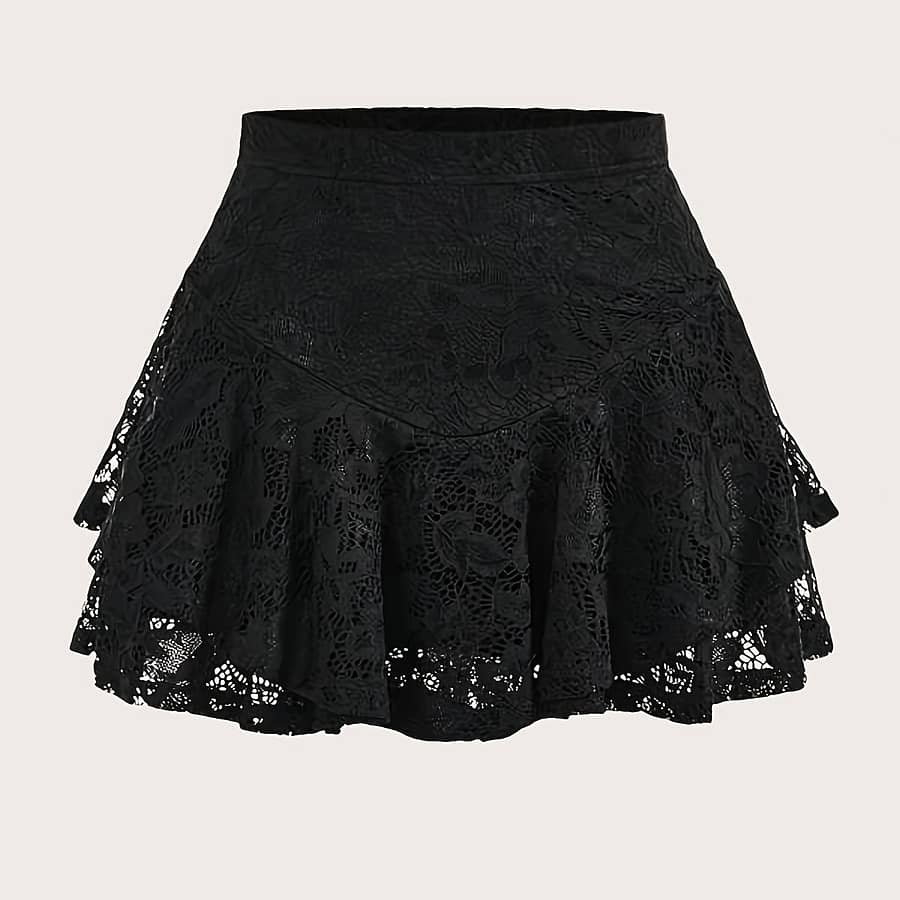 Chic High-waist Lace Panel Mini Skirt For Women – Stretchy, Solid Color, Spring/summer/fall Clothing Shop Online at Dubai Trades 2