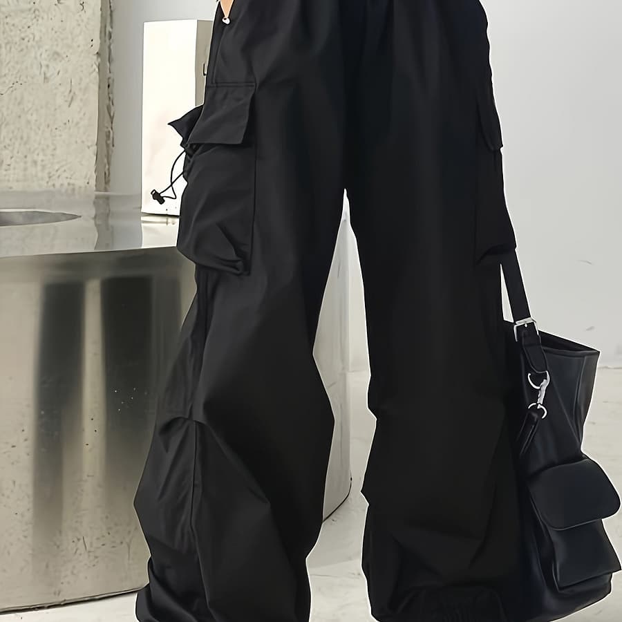 Chic High-waist Wide-leg Pants With Oversized Pockets – Casual, Non-stretch Polyester, Machine Washable – Solid Color, Women’s Fashion Clothing Shop Online at Dubai Trades 2