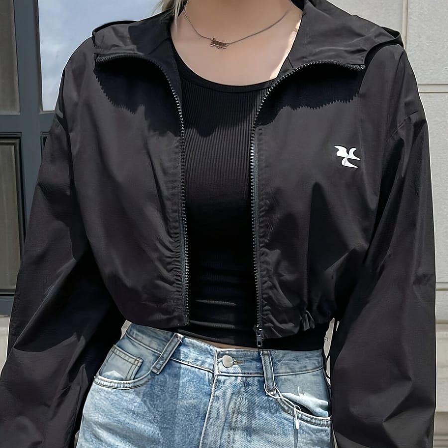 Chic Hooded Jacket For Women – Solid Color, Zip-up, Polyester, Machine Washable – Spring/fall Casual Jackets Shop Online at Dubai Trades 2
