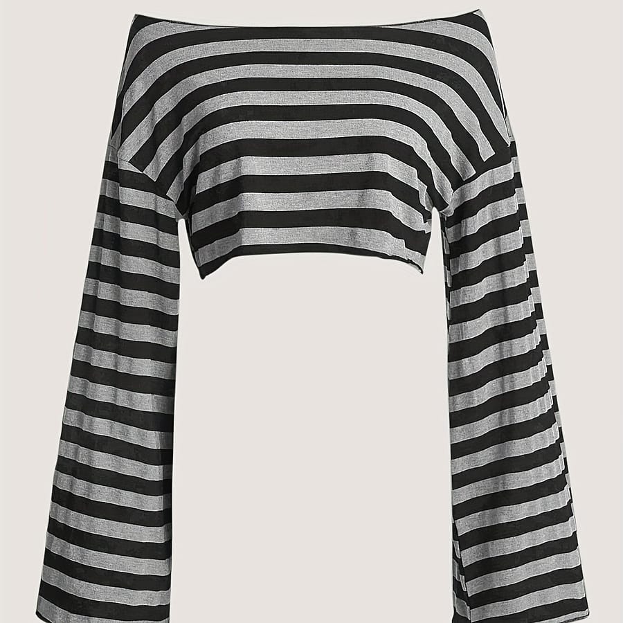 Chic Off-shoulder Striped Crop Top For Women – Casual Polyester Blend, Machine Washable Clothing Shop Online at Dubai Trades 2