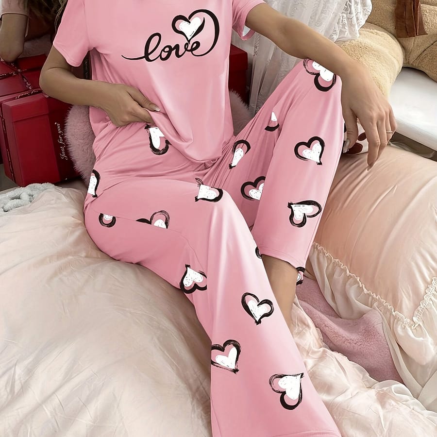 Chic Pink Heart Print Women’s Pajama Set – Comfy Short Sleeve Round Neck Top & Waist Long Pants, Breathable Polyester Loungewear Clothing Shop Online at Dubai Trades 2