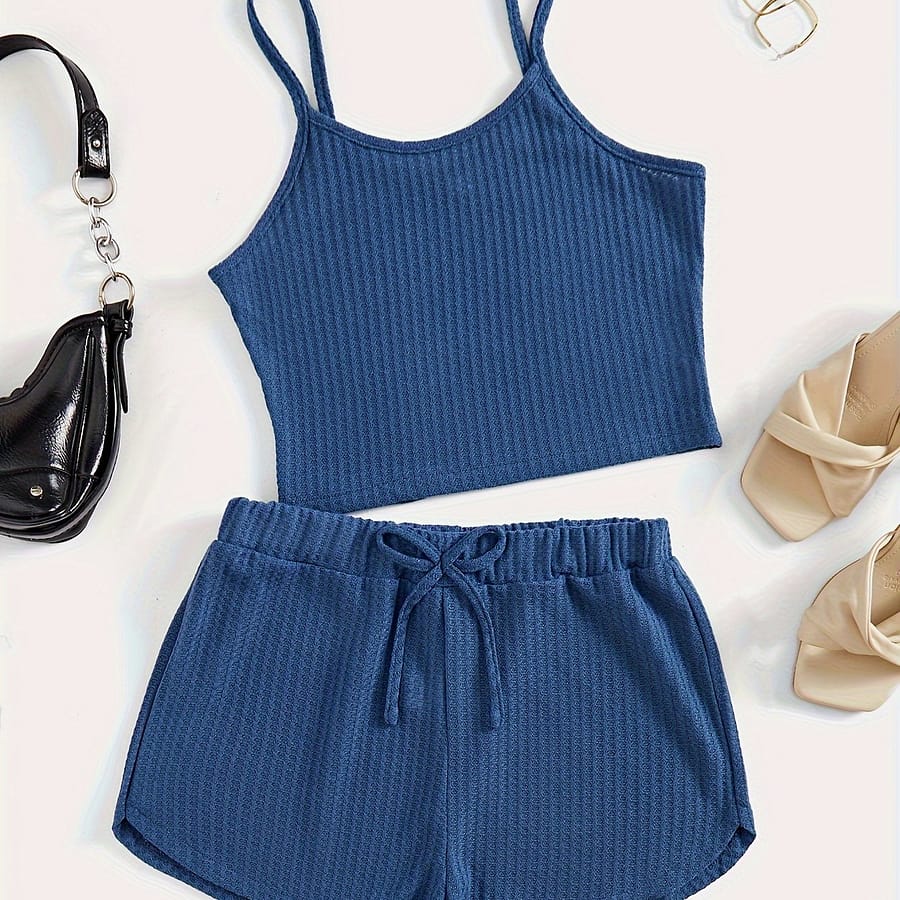 Chic Solid Color Black Two-piece Set: Ribbed Crop Cami Top & Drawstring Shorts – Polyester , Machine Washable, Clothing Shop Online at Dubai Trades 2