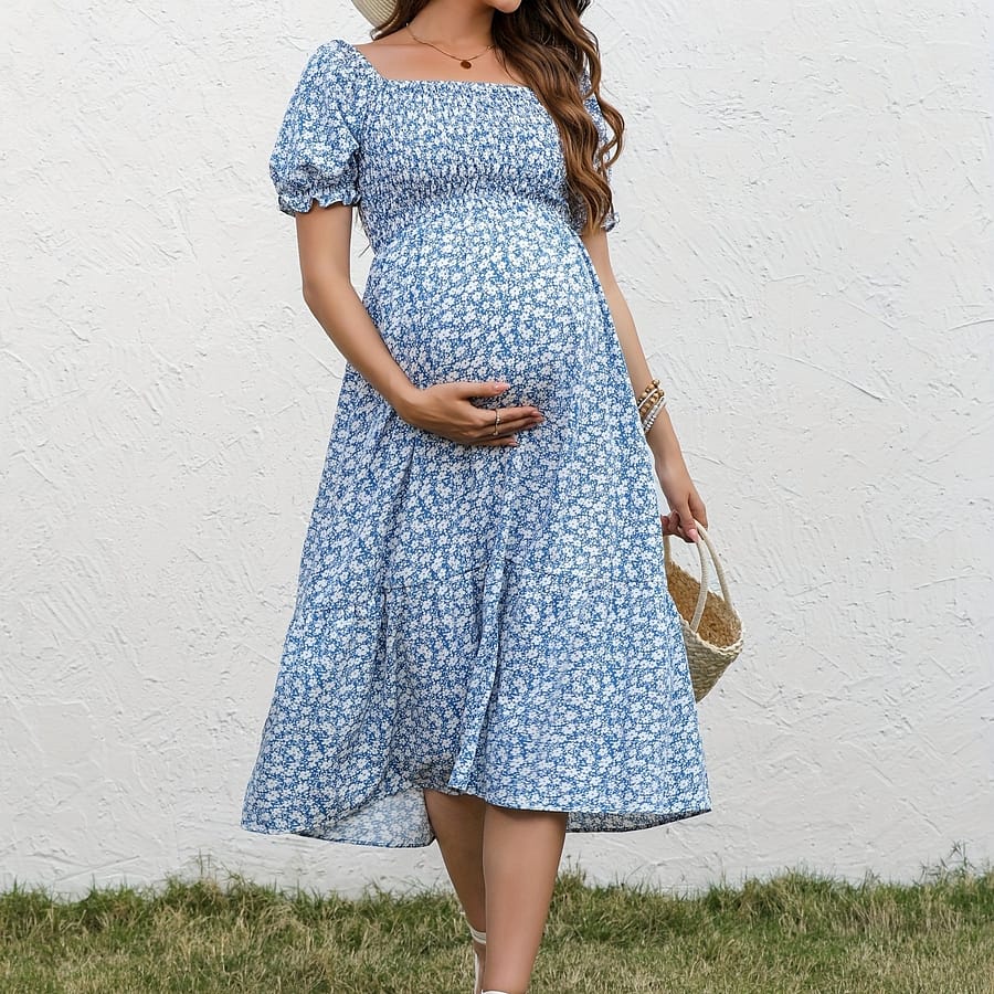 Chic Summer Maternity Dress With Square Neckline & Puff Sleeves – Cute Floral Print, Machine Washable, Non-stretch Fabric, Maternity Clothes Clothing, Shoes & Jewelry Shop Online at Dubai Trades 2