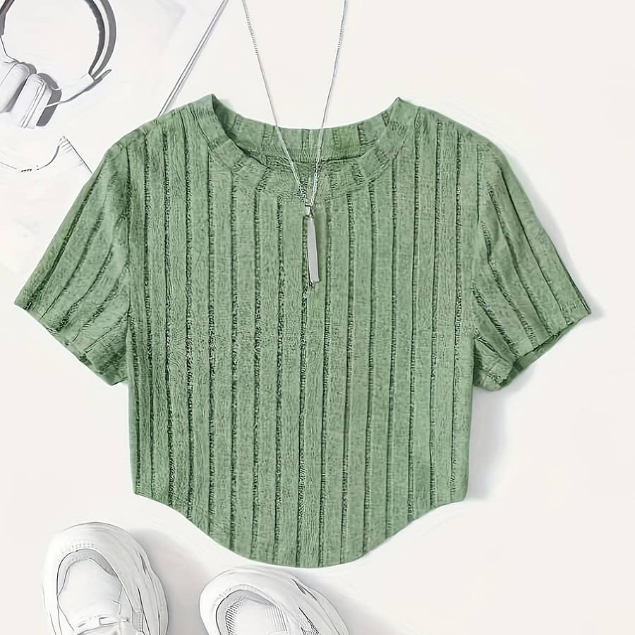 Chic Summer Striped Crop Top – Casual Round Neck, Short Sleeve T-shirt For Women, Breathable Polyester Blend, Machine Washable Clothing Shop Online at Dubai Trades 2