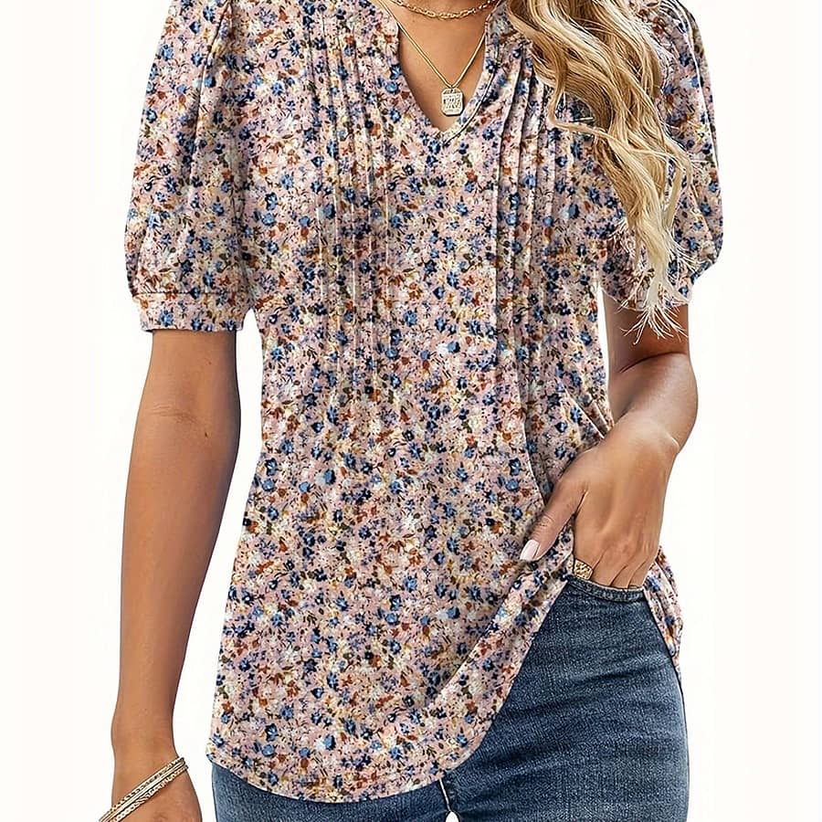 Chic Summer V-neck Blouse For Women – Breathable, Casual Short Sleeve Top With Pleated Detail, Machine Washable Blouses Shop Online at Dubai Trades 2