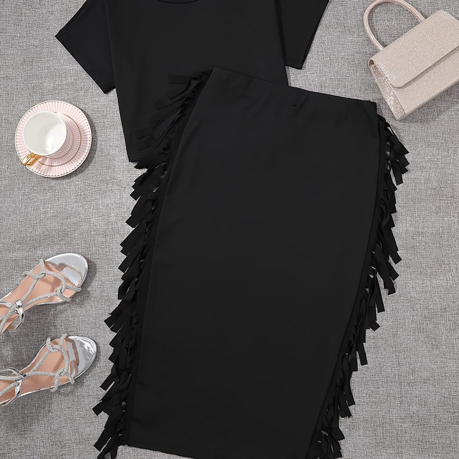 Chic Tassel-trim Crop Top & High-waist Skirt Set – Stretchy Polyester , Machine Washable – Clothing Shop Online at Dubai Trades 2