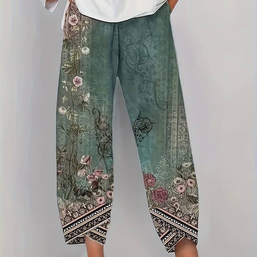 Chic Vintage Floral Capri Pants – Comfortable Elastic Waist With Pockets, Polyester And Elastane Blend, Knit Fabric, Spring/summer/fall Clothing Shop Online at Dubai Trades 2