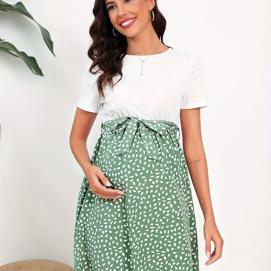 Chic Women’ Polka Dot Midi Dress With White Short Sleeves – Round Neck, Pleated Design With Tie Waist, Polyester, Machine Washable – Summer Clothing, Shoes & Jewelry Shop Online at Dubai Trades 2