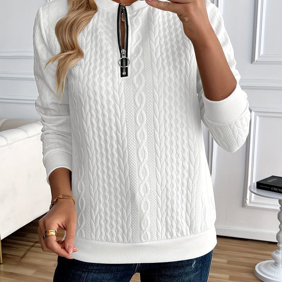 Chic Women’s Half-zip Pullover Sweatshirt – Elegant Solid Color, Long Sleeve With Textured Cable Knit, Polyester Blend, Machine Washable, Spring/fall Clothing Shop Online at Dubai Trades 2
