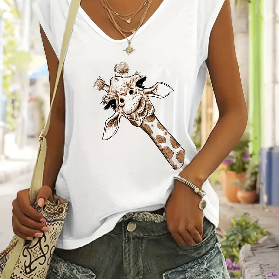 Chic Women’s V-neck T-shirt With Adorable Giraffe Print – Casual Cap Sleeve, Polyester & Elastane Blend, Machine Washable, , Relaxed |cap Sleeve Top|elastane Fabric Clothing Shop Online at Dubai Trades 2