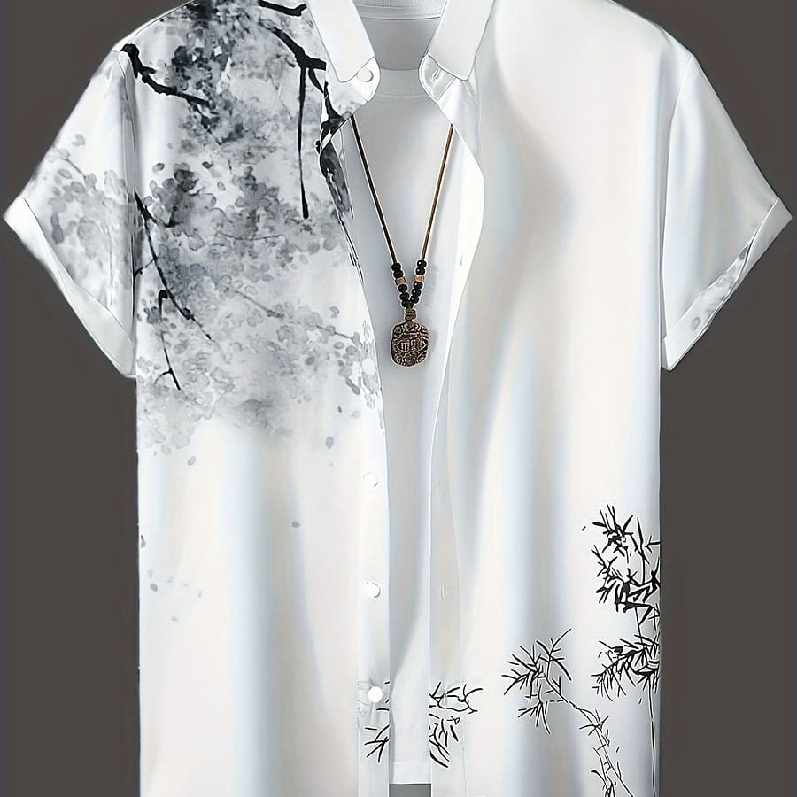 Chinese Painting Pattern Print Men’s Short Sleeve Button Up Stand Collar Shirt For Holiday, Hawaiian Style Button-Down Shirts Shop Online at Dubai Trades 2
