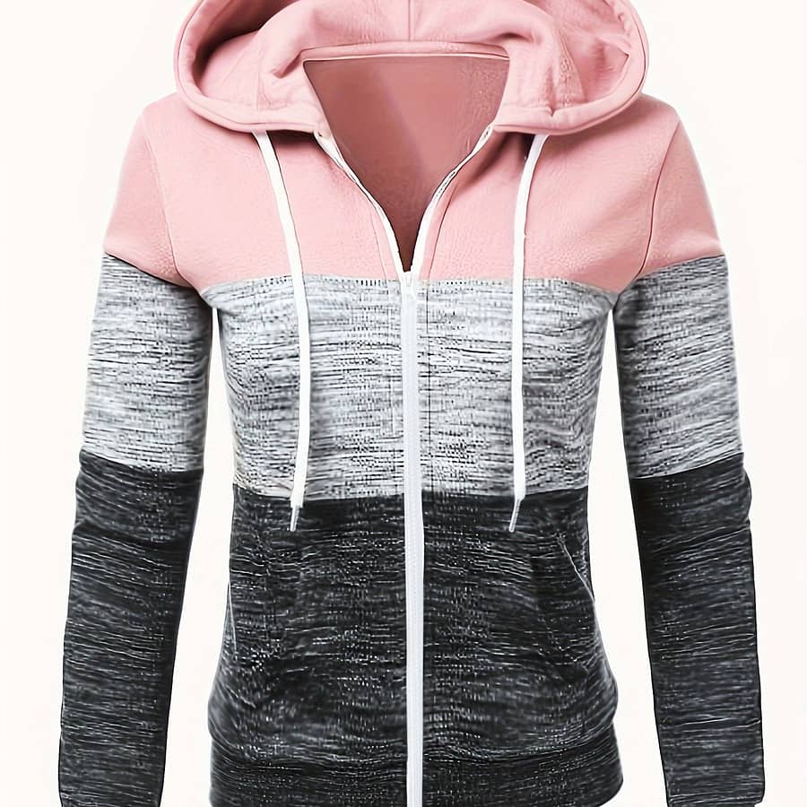 Color Block Zipper Hoodies, Casual Long Sleeve Drawstring Sweatshirt For Fall, Women’s Clothing Clothing Shop Online at Dubai Trades 2