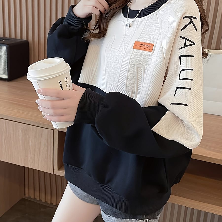 Color Letter Embroidered Sweatshirt, Casual Long Sleeve Crew Neck Sweatshirt For Fall & Winter, Women’s Clothing Clothing Shop Online at Dubai Trades 2