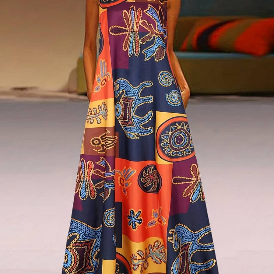 Colorful Vintage-inspired V-neck Sleeveless Dress With Pocket – Summer Floral & Geometric Print, Polyester Blend, A-line Flare For Women, Cute Dresses Clothing Shop Online at Dubai Trades 2