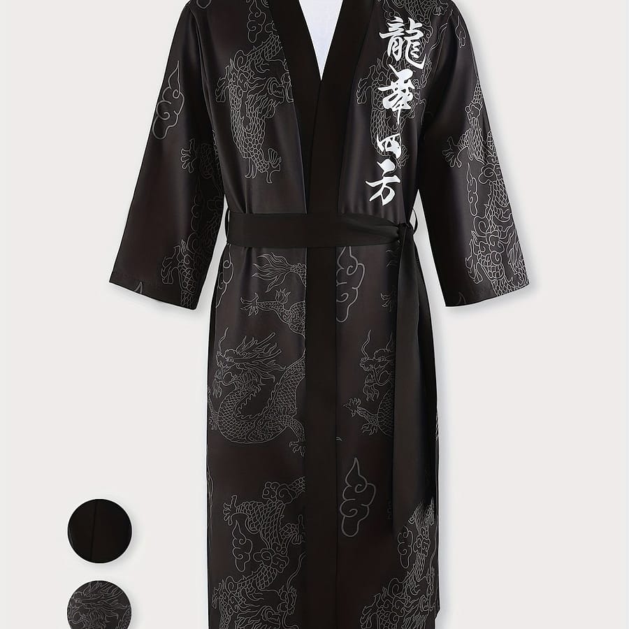 Conjuess Men’s Print Kimono Robe – V-neck, 3/4 Sleeve With Belt, Machine Washable – Spring/fall Clothing Shop Online at Dubai Trades 2