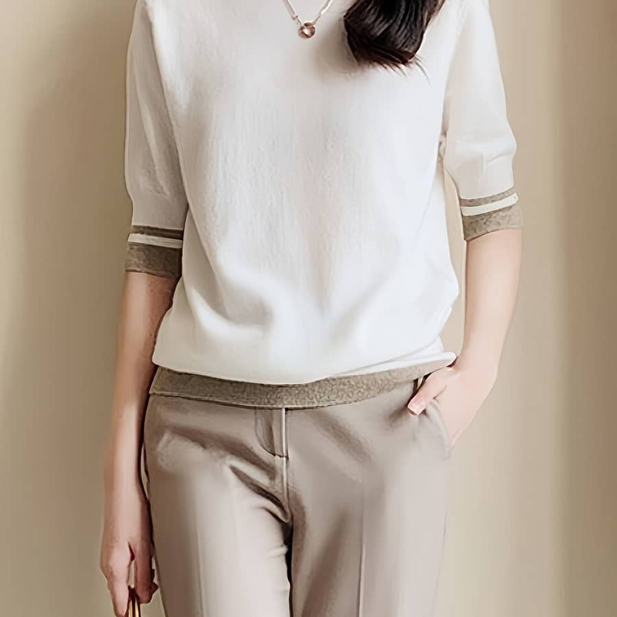 Contrast Trim Mock Neck Sweater, Casual Half Sleeve Pullover Sweater For , Women’s Clothing Clothing Shop Online at Dubai Trades 2