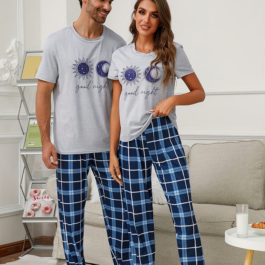 Couple Set Spring/summer Casual Short Sleeve Long Pants Round Neck Plaid Sun Moon Pajamas Home Clothes 2 Piece Clothing Shop Online at Dubai Trades 2