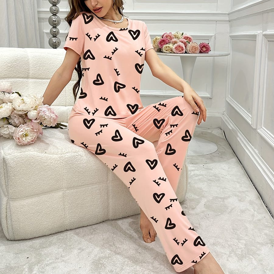 Cozy & Chic Pink Heart & Eyelash Print Pajama Set For Women – Soft Knit Short Sleeve Crew Neck Top & Long Pants, Breathable Sleepwear/loungewear With Waistband Clothing Shop Online at Dubai Trades 2