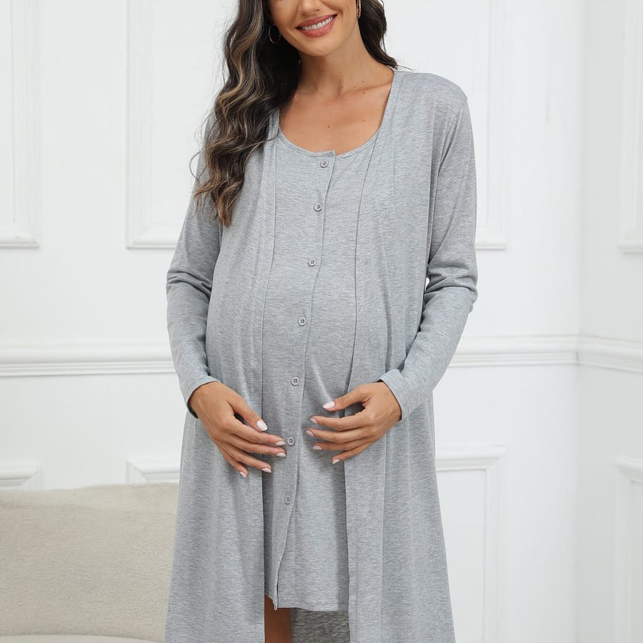 Cozy Maternity Lounge Set – Comfortable Long Sleeve Onesie And Cardigan With Button Front, Light Gray, Spring And Fall Clothing, Shoes & Jewelry Shop Online at Dubai Trades 2