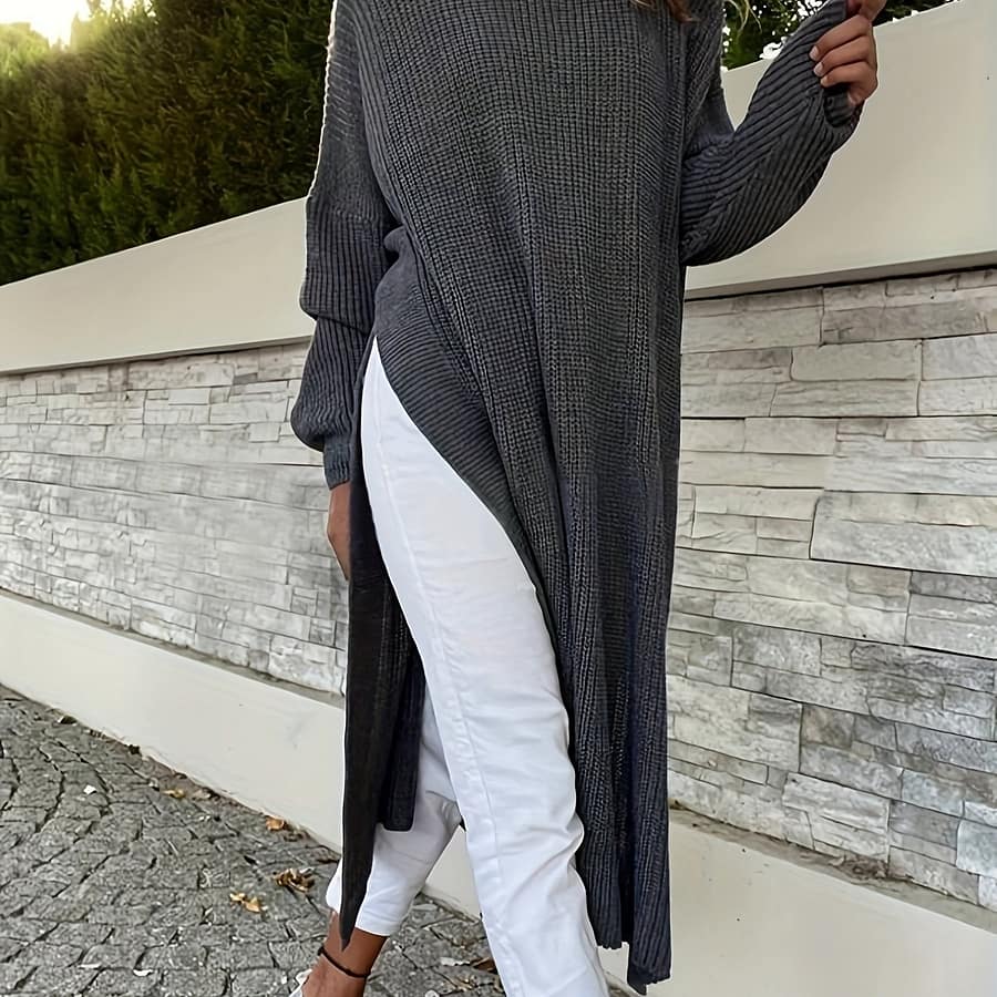 Cozy Mustard Yellow Long Knit Sweater Dress With Side Slit – Casual Acrylic Hooded Autumn/, Round Neck, Drop Shoulder Sleeves, Mustard Sweater Clothing Shop Online at Dubai Trades 2