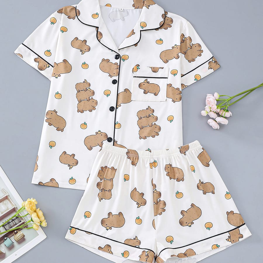Cute Capybara Print Pajama Set, Short Sleeve Buttons Lapel Top & Shorts, Women’s Sleepwear Clothing Shop Online at Dubai Trades 2