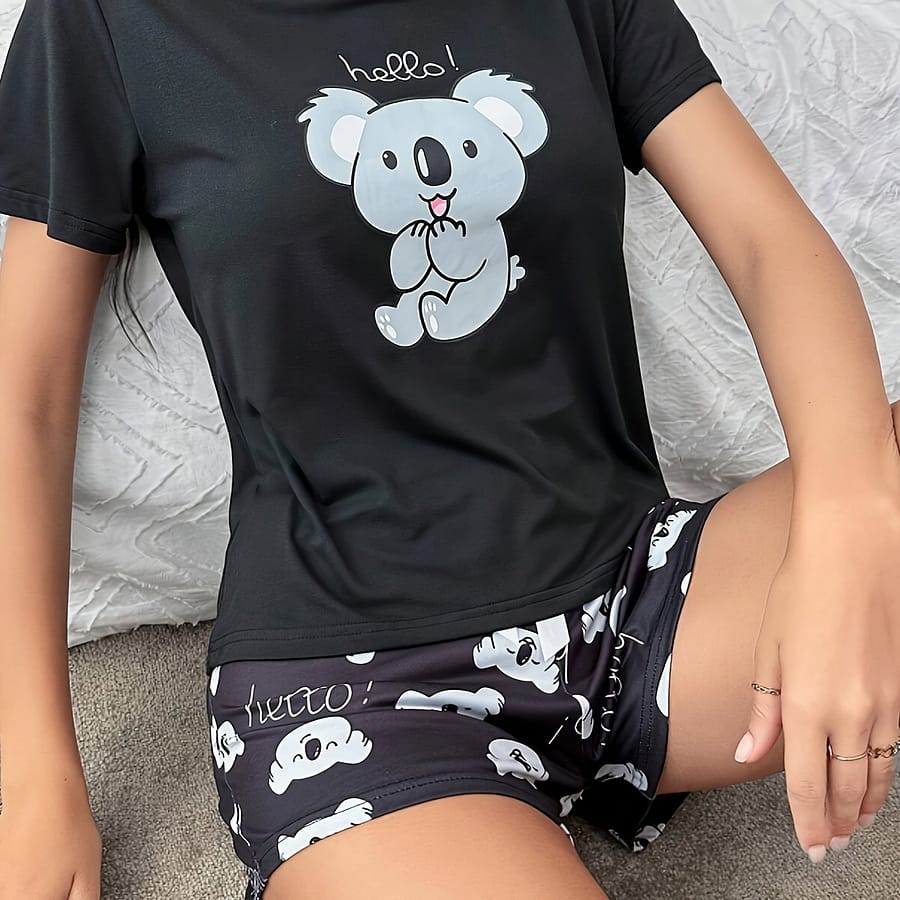 Cute Koala & Letter Print Pajama Set, Short Sleeve Round Neck Top & Bow Shorts, Women’s Sleepwear Clothing Shop Online at Dubai Trades 2