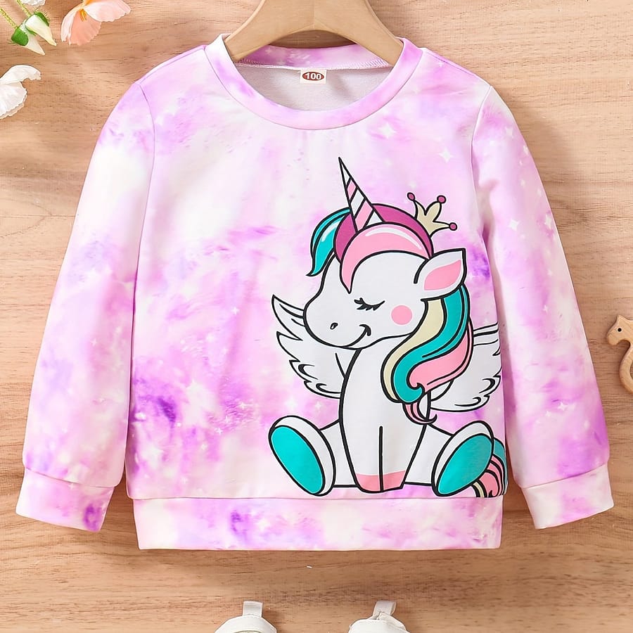 Cute Unicorn Pullover Top For Girls, Tie Dye Pattern Crew Neck Sweatshirt Regular Fit Long Sleeve Tops Kids Spring/ Fall Clothes Clothing Shop Online at Dubai Trades 2