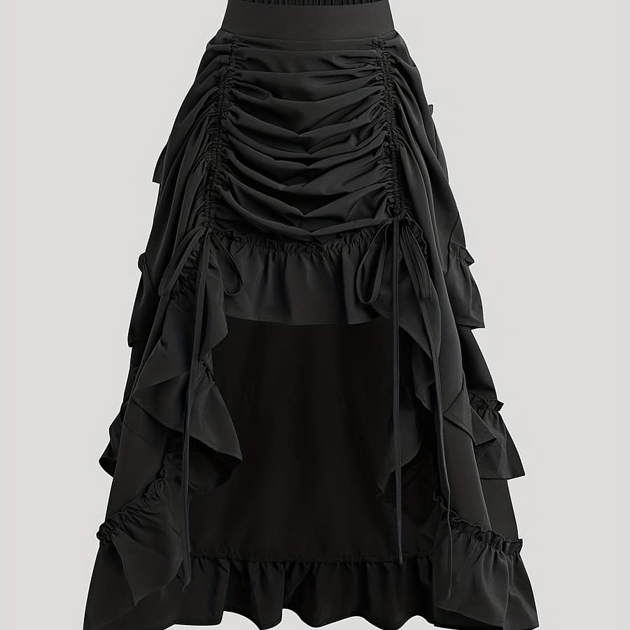 Drawstring Front Ruched Ruffle Trim Skirt, Elegant High Waist High Low Hem Skirt, Women’s Clothing Clothing Shop Online at Dubai Trades 2