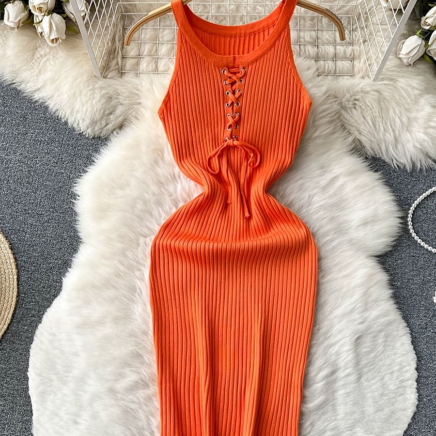 Drawstring Ribbed Dress, Sexy Solid Crew Neck Sleeveless , Women’s Clothing Clothing Shop Online at Dubai Trades 2