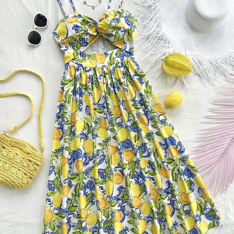 Dress With V-neck, Twisted Waist, And Details, Polyester Fabric, Random Print, Adult Women’s Casual Long Dress Clothing Shop Online at Dubai Trades 2