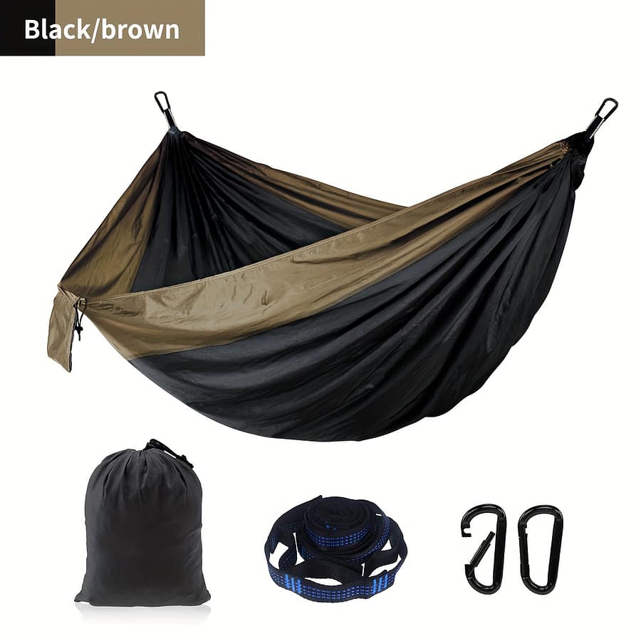 Dual-tone Parachute Hammock With Black And Brown Stripes – Durable Nylon, Easy Setup With Rope And Hooks, Camping, Travel, And , Travel Gear|modern Hammock Design|durable Hammock Camping & Hiking Shop Online at Dubai Trades 2