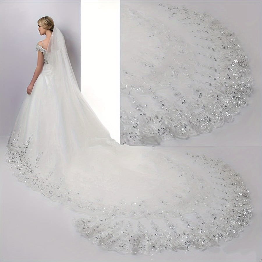 Elegant 4m+1.7m Long Bridal Wedding Veil With Sequin Lace Detail – Luxurious Polyester, Hand-washable, Fits Women 1.7+” Accessories Shop Online at Dubai Trades 2