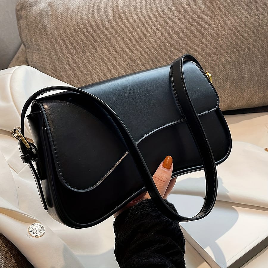Elegant Black Baguette Bag – Adjustable Strap, Textured Flap Design, Solid Color Underarm Purse For Women, Formal Accessory | Bag | Goldtone Hardware, Purse Strap Clothing, Shoes & Jewelry Shop Online at Dubai Trades 2