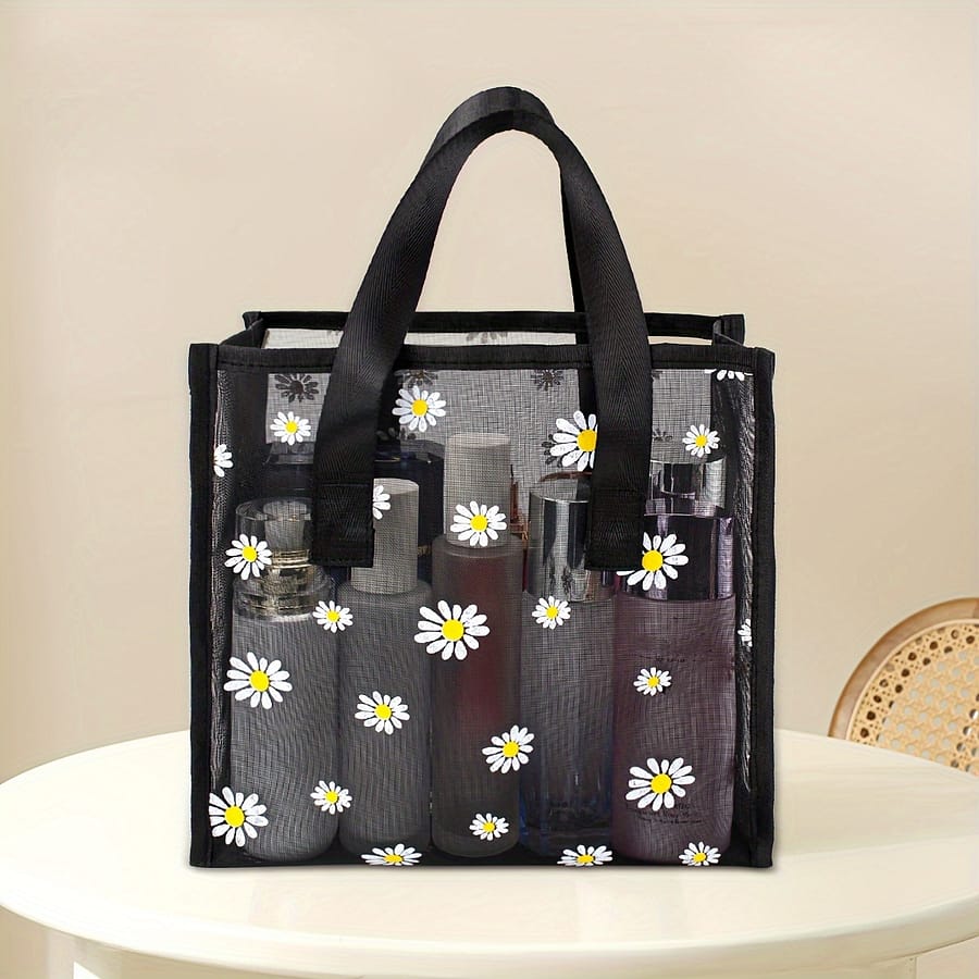 Elegant Black Mesh Tote Bag With White Daisies – Perfect For Cosmetics And Personal Care Items Bags & Cases Shop Online at Dubai Trades 2