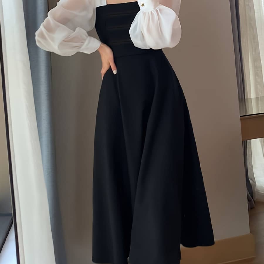 Elegant Black Organza A-line Dress For Women – Chic Long Sleeve With French-inspired Square Neckline, Vintage Mesh Detail, Events Clothing Shop Online at Dubai Trades 2
