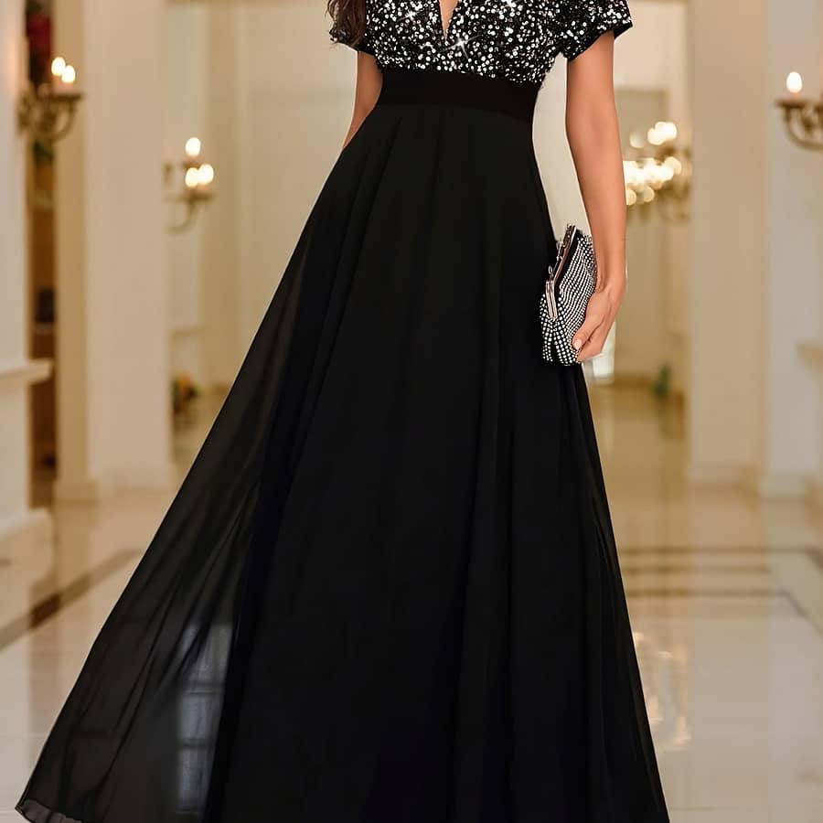 Elegant Black Sequin V-neck Mesh Short Sleeve A-line Evening Gown For Women, Wedding Party Dress Bridesmaid Dresses Shop Online at Dubai Trades 2