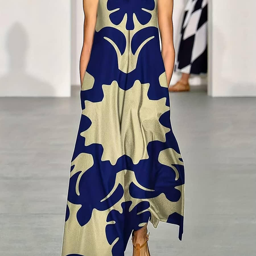 Elegant Bohemian Floral Print V-neck Dress For Women – Sleeveless A-line Maxi With Pockets, Lightweight Polyester , Clothing Shop Online at Dubai Trades 2