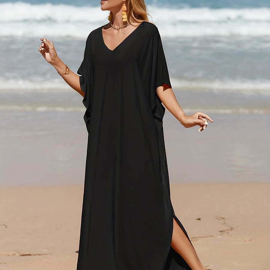 Elegant Bohemian White Beach Kaftan Dress – V-neck, Loose Fit, Batwing Sleeves With Side Slit, Lightweight Viscose, Bikini Cover-up Clothing Shop Online at Dubai Trades 2