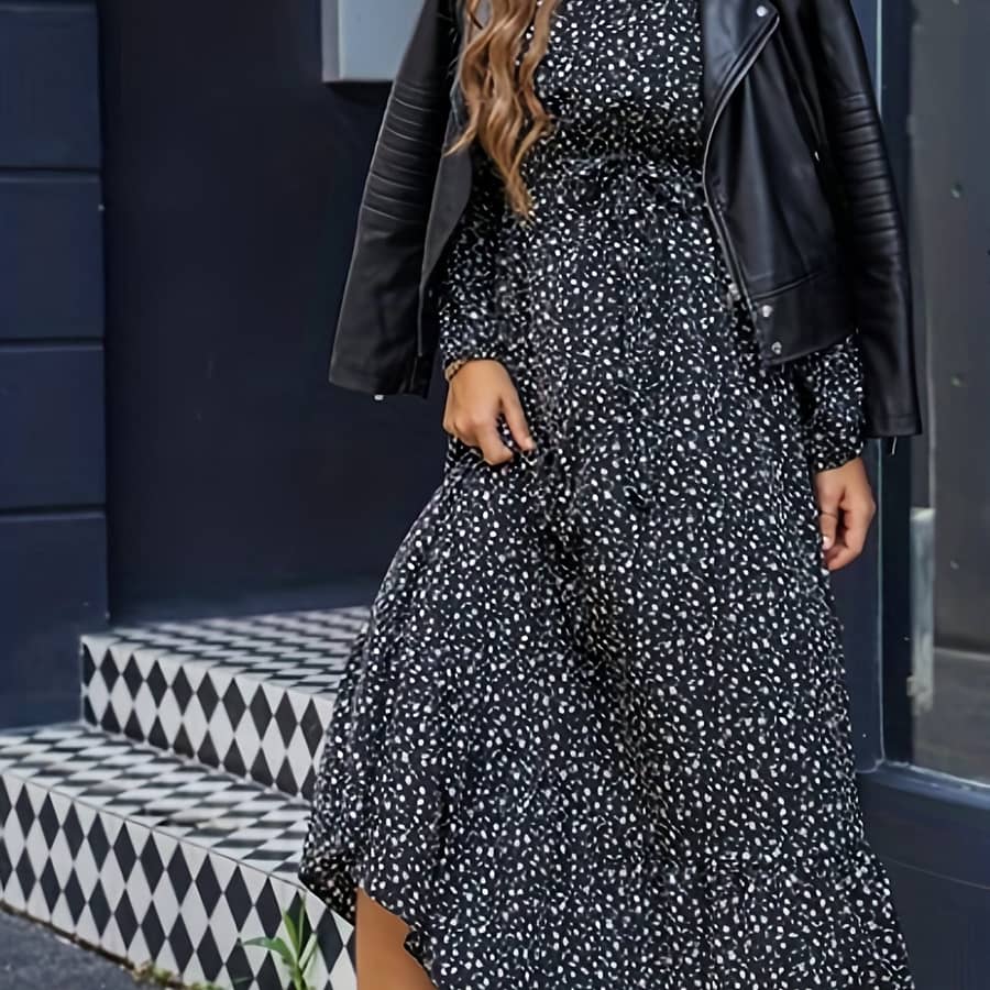 Elegant Floral Maxi Dress With Belt – Crew Neck, Long Sleeves, Polyester, Machine Washable – Chic For Women Clothing Shop Online at Dubai Trades 2