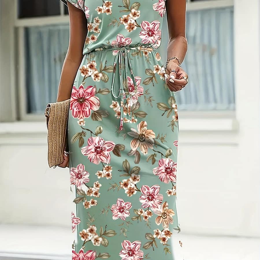 Elegant Floral Midi Dress For Women – Lightweight Polyester, Crew Neck, Short Sleeves With Tie Waist Detail, Spring/summer/fall Events, Floral Print Dress Clothing Shop Online at Dubai Trades 2