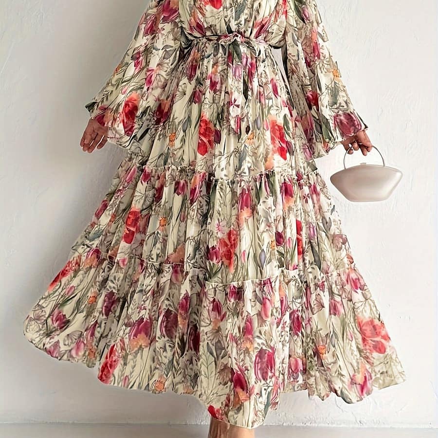 Elegant Floral Print Long Sleeve Kaftan Dress – Casual Polyester Maxi With Tie-waist Detail, Machine Washable – Abayas Shop Online at Dubai Trades 2